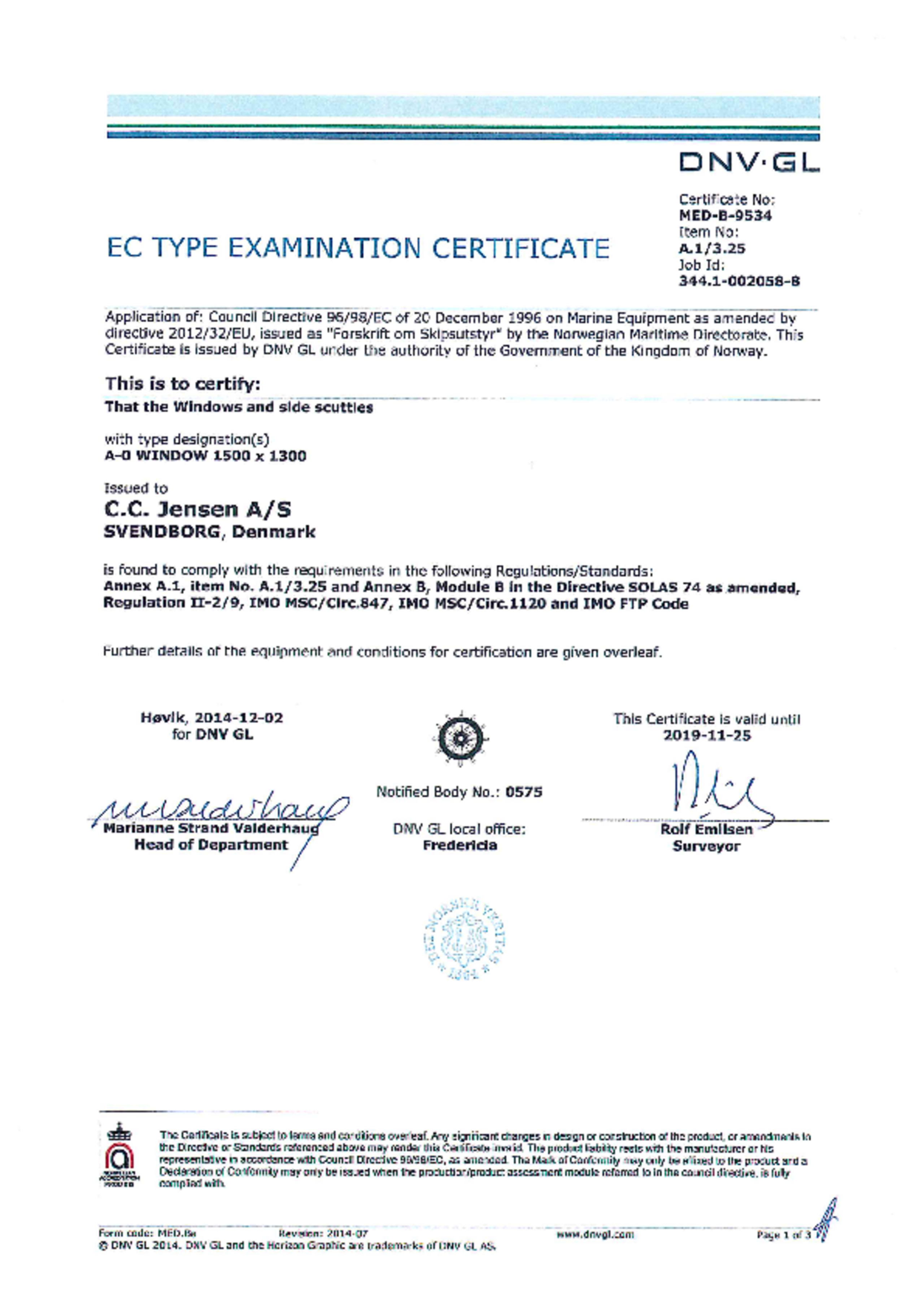 EC type examination certificate, 2014 by DNV-GL
