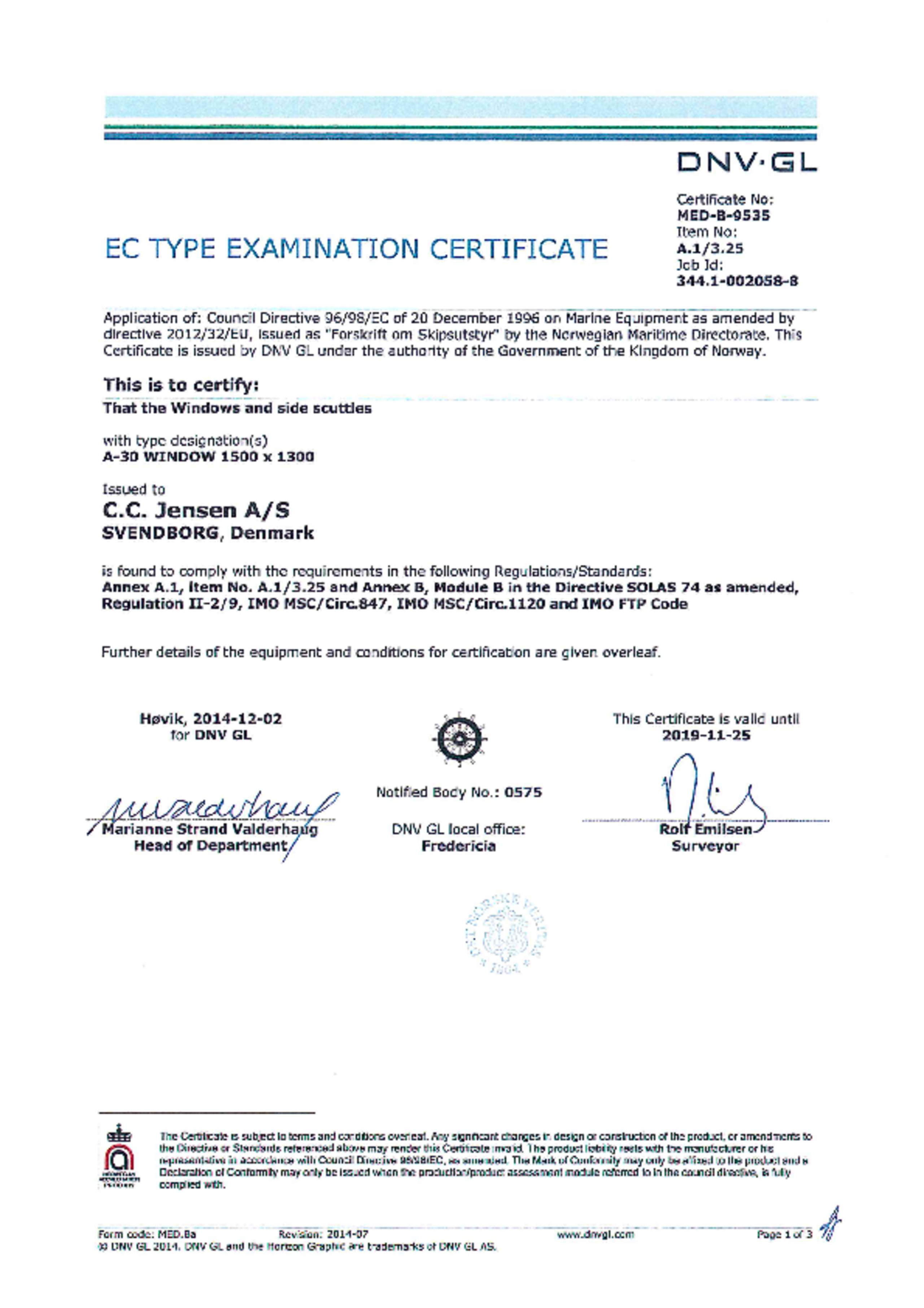 EC type examination certificate, 2014 by DNV-GL