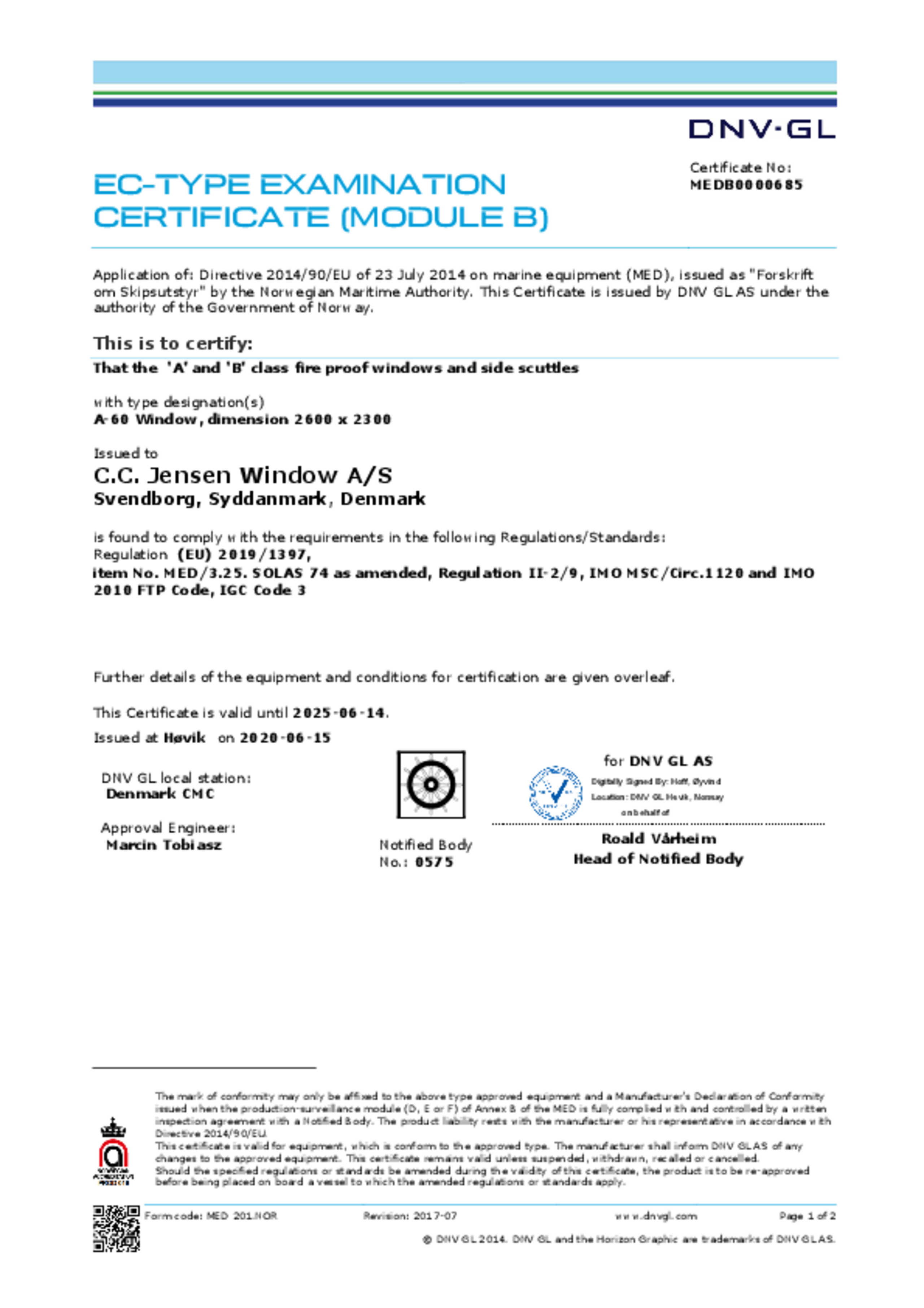 EC type examination certificate, 2014 by DNV-GL